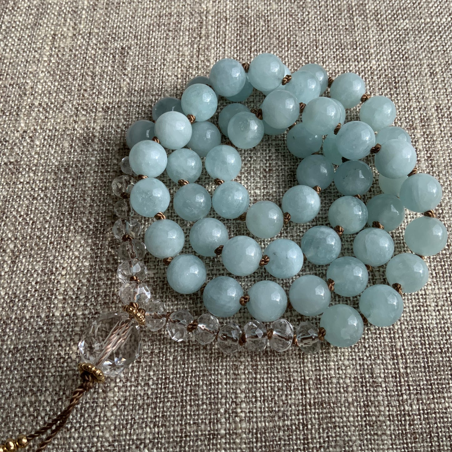 SOOTHE | Aquamarine & Clear Quartz Half Mala Necklace | 54 Hand Knotted Beaded Necklace