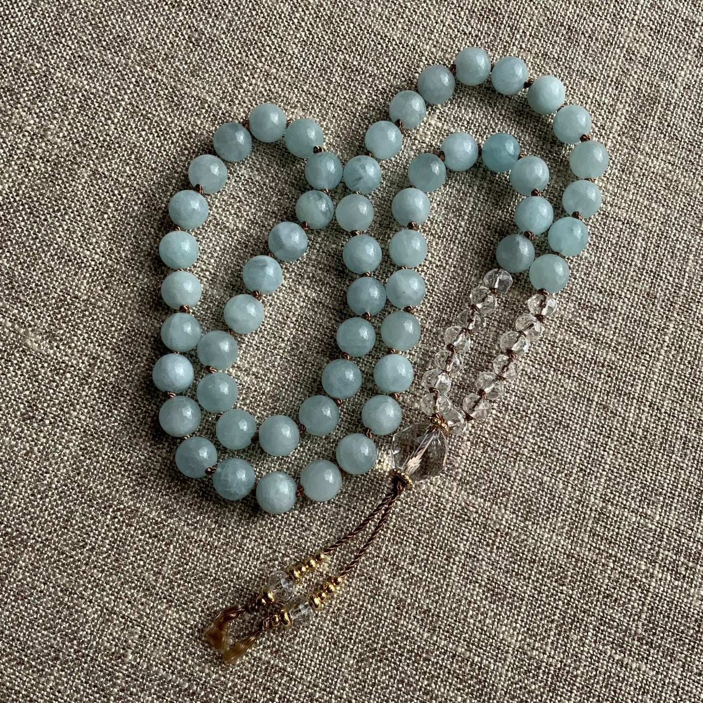 SOOTHE | Aquamarine & Clear Quartz Half Mala Necklace | 54 Hand Knotted Beaded Necklace