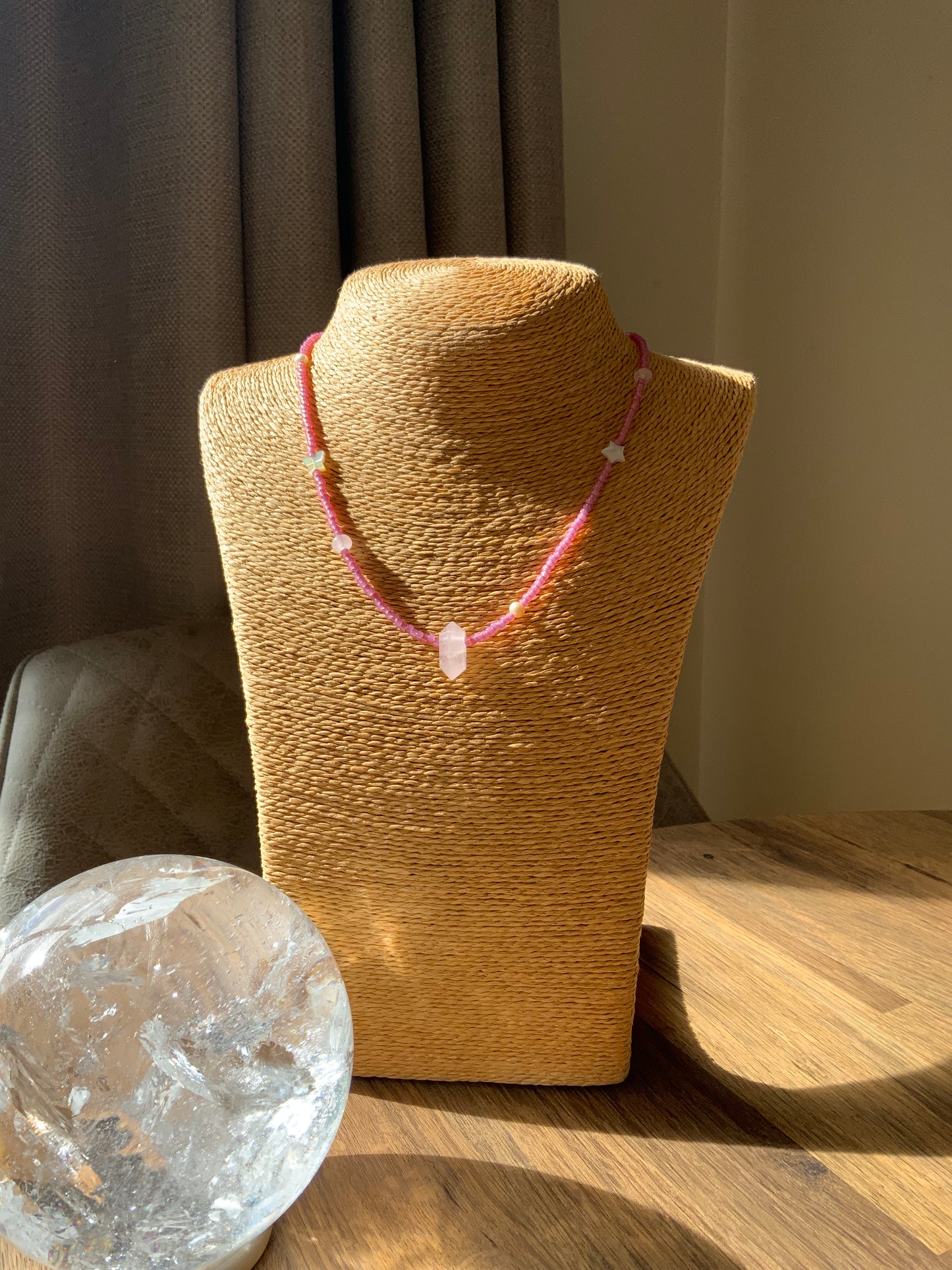Rose Quartz Skinny Seeded Bead Necklace