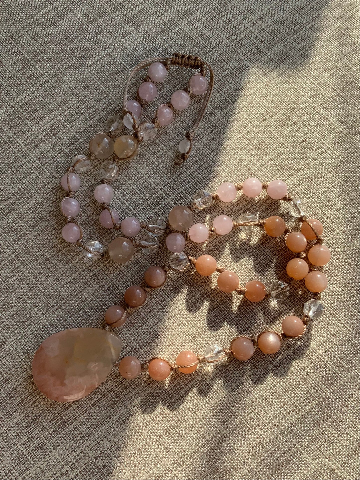 Go Gently | 54 Half Mala Beads | One Of A Kind | Cherry Blossom Agate, Rose Quartz, Peach Moonstone & Clear Quartz Half Mala Beads | 54 Bead Mala