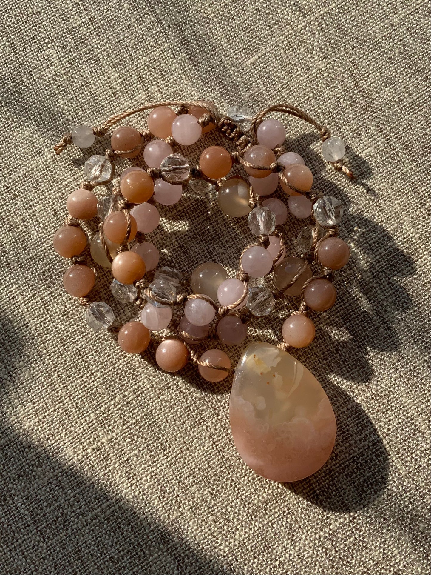 Go Gently | 54 Half Mala Beads | One Of A Kind | Cherry Blossom Agate, Rose Quartz, Peach Moonstone & Clear Quartz Half Mala Beads | 54 Bead Mala