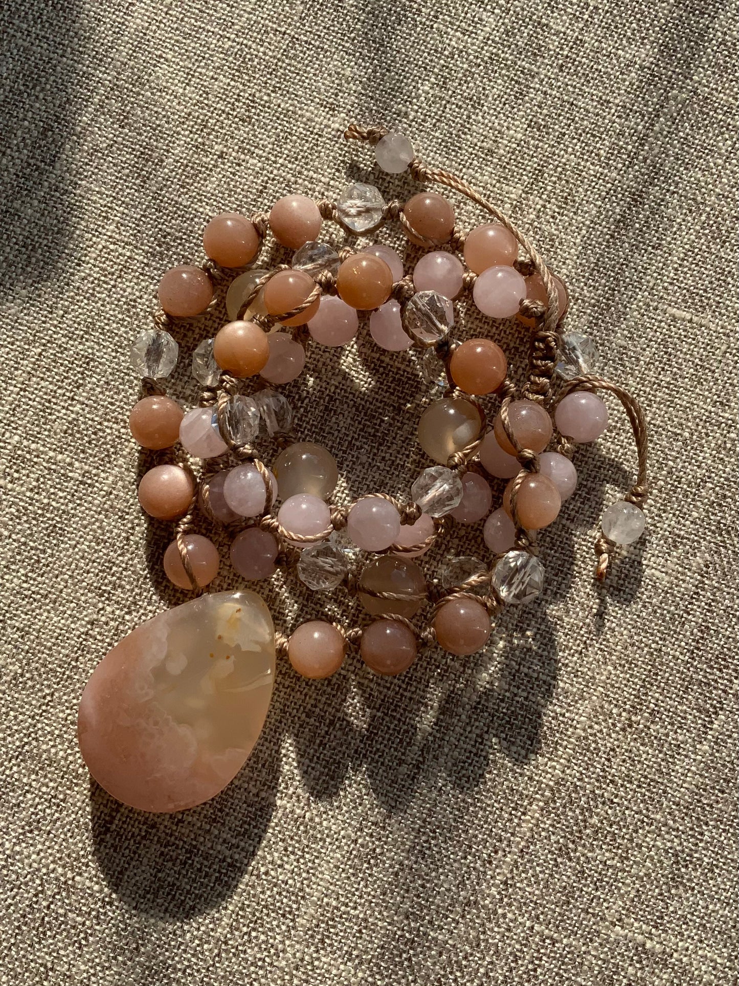 Go Gently | 54 Half Mala Beads | One Of A Kind | Cherry Blossom Agate, Rose Quartz, Peach Moonstone & Clear Quartz Half Mala Beads | 54 Bead Mala