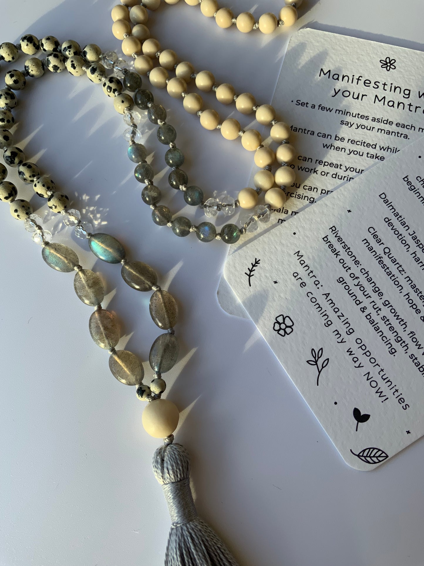 New Beginnings 108 Mala Beads | Dalmatian Jasper, Labradorite, River Stone & Clear Quartz Knotted Mala Necklace