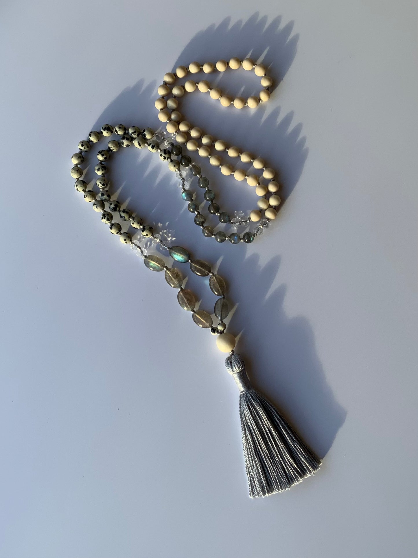 New Beginnings 108 Mala Beads | Dalmatian Jasper, Labradorite, River Stone & Clear Quartz Knotted Mala Necklace