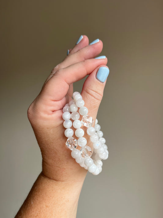White Moonstone & Clear Quartz Stretchy Bracelet