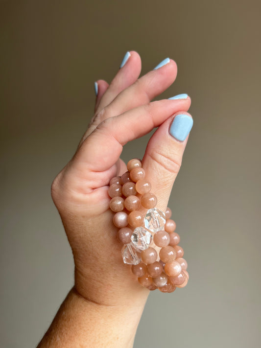 Peach Moonstone & Clear Quartz Stretchy Bracelet